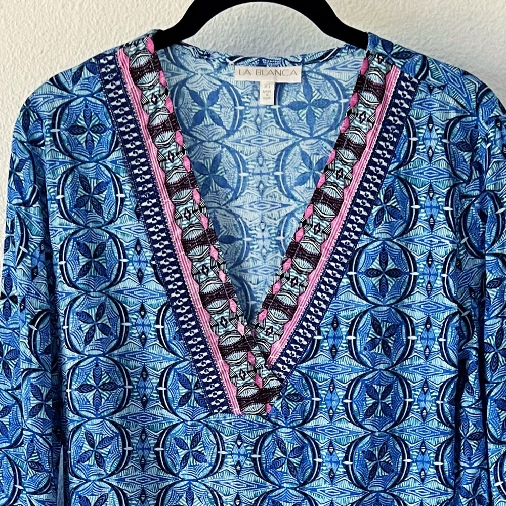 Brand NEW La Blanca Swimwear Beachy Cover-Up Dress Blue Geometric Size XS - Picture 4 of 16